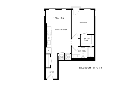 Floor plan for 1 bed, 1 bath, 611 sqft